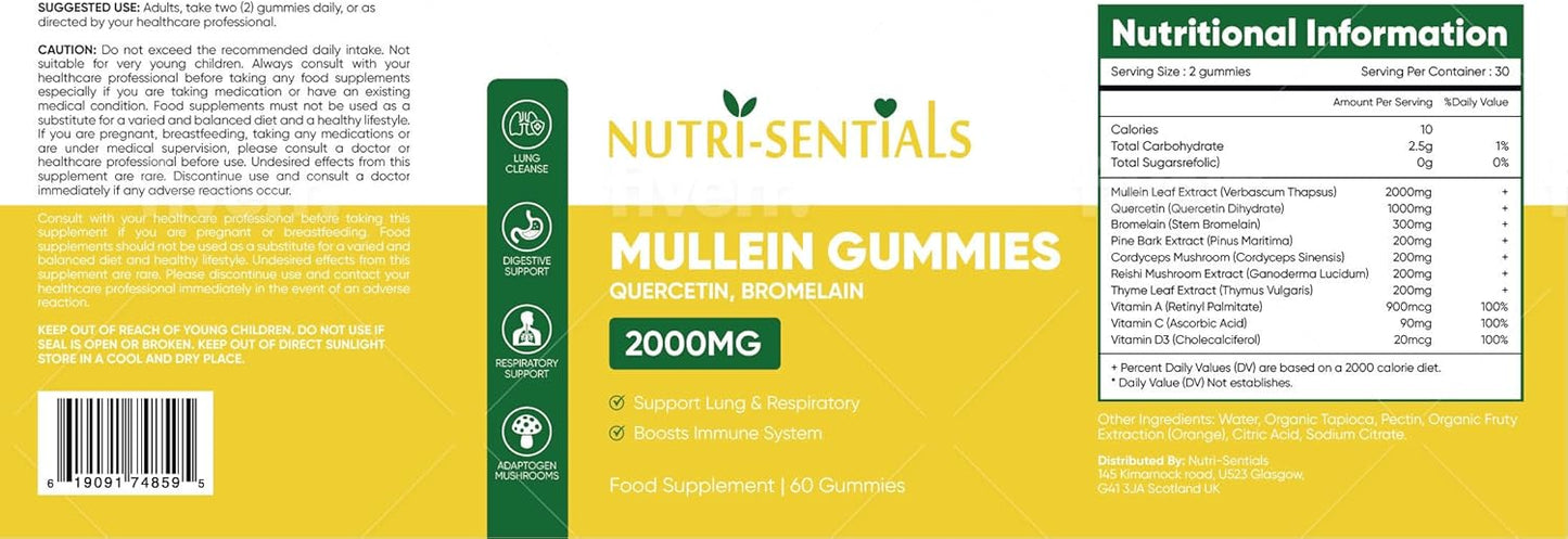 Mullein Gummies 2000mg – Respiratory Lung Health Supplement with Adaptogen Mushrooms, Mullein Leaf Extract – Natural Lung Cleanse for Adults, Vegan & Non-GMO | Immune Boost 60 Gummies
