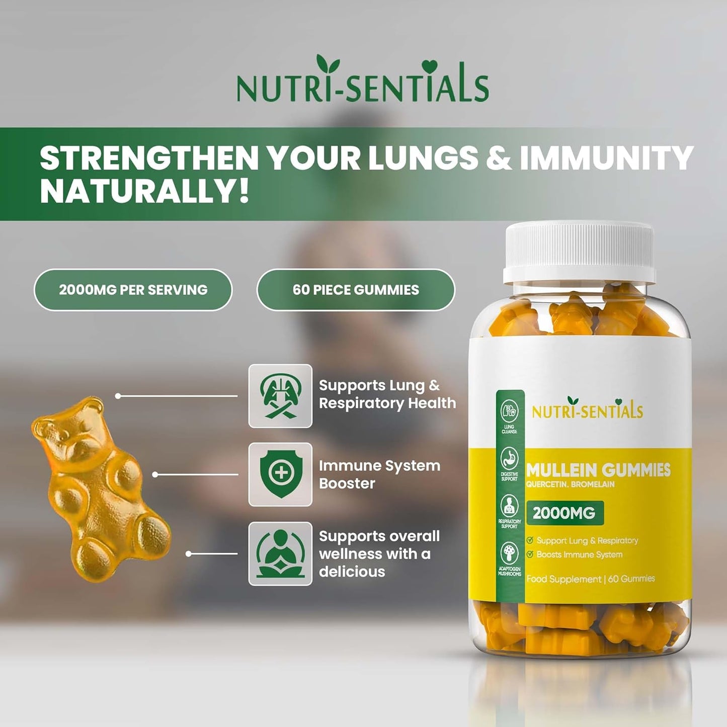 Mullein Gummies 2000mg – Respiratory Lung Health Supplement with Adaptogen Mushrooms, Mullein Leaf Extract – Natural Lung Cleanse for Adults, Vegan & Non-GMO | Immune Boost 60 Gummies