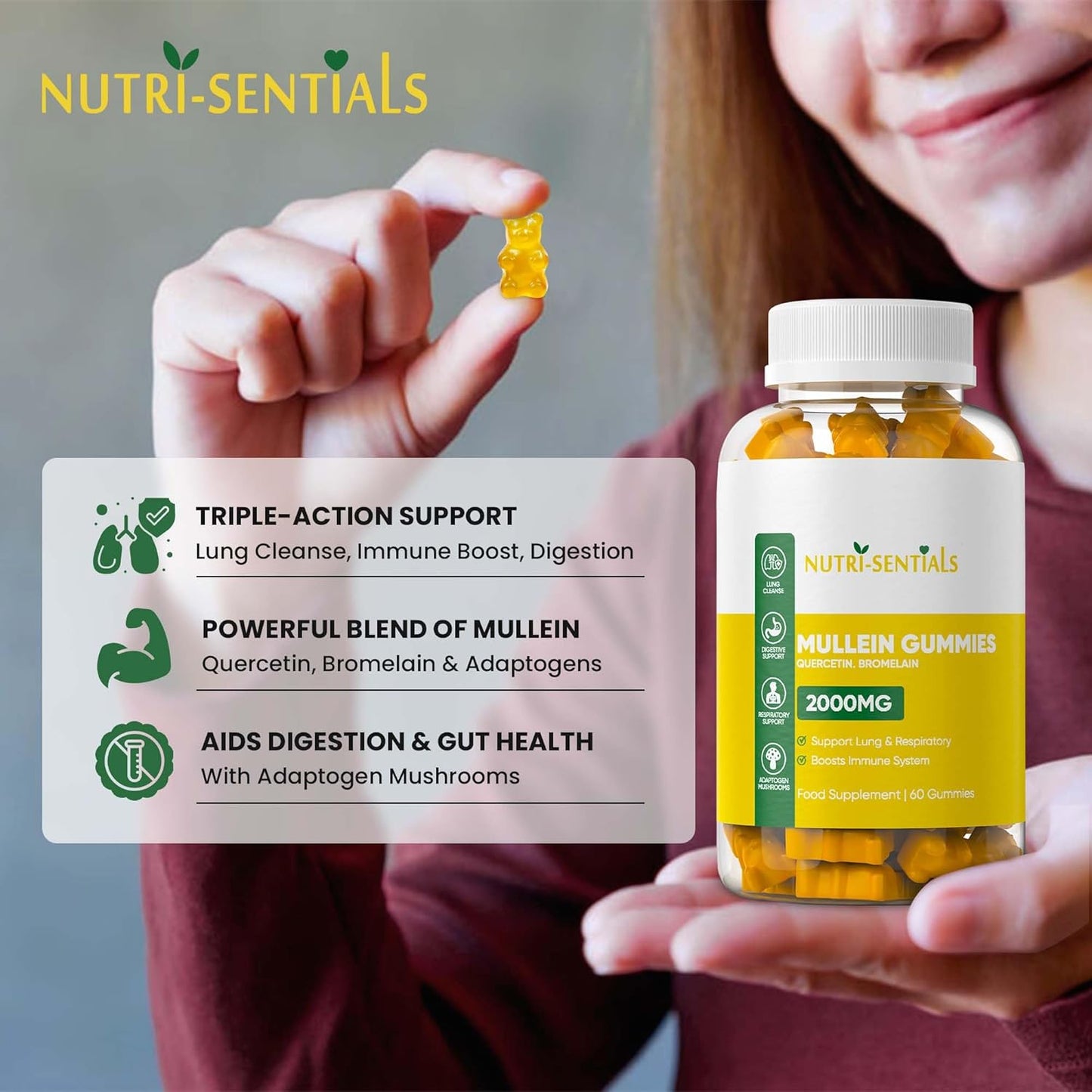 Mullein Gummies 2000mg – Respiratory Lung Health Supplement with Adaptogen Mushrooms, Mullein Leaf Extract – Natural Lung Cleanse for Adults, Vegan & Non-GMO | Immune Boost 60 Gummies