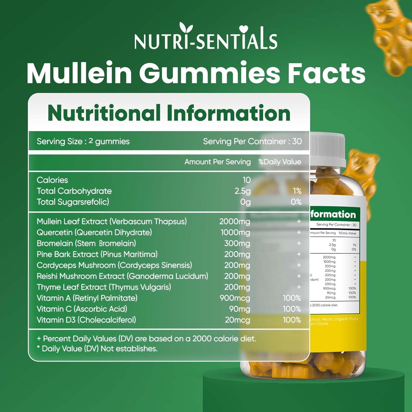 Mullein Gummies 2000mg – Respiratory Lung Health Supplement with Adaptogen Mushrooms, Mullein Leaf Extract – Natural Lung Cleanse for Adults, Vegan & Non-GMO | Immune Boost 60 Gummies