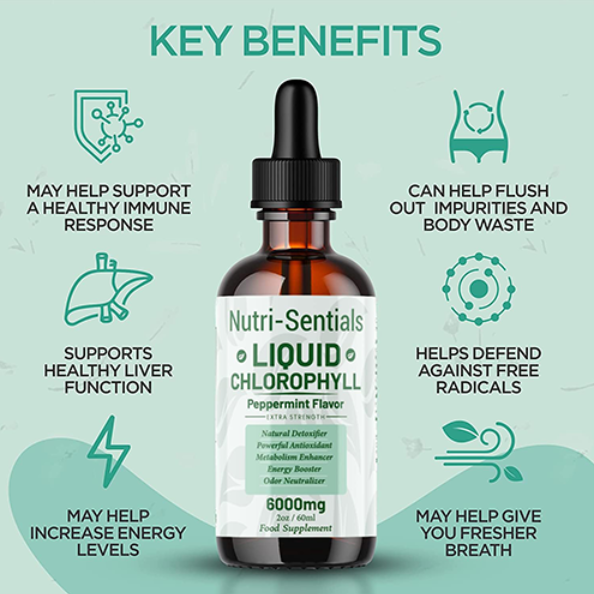 Liquid Chlorophyll Drops for Water - 6000mg High Strength Chlorophyll Drink, Natural Detoxifier, Energy Booster and Powerful Antioxidant, 60ml for 60 Servings