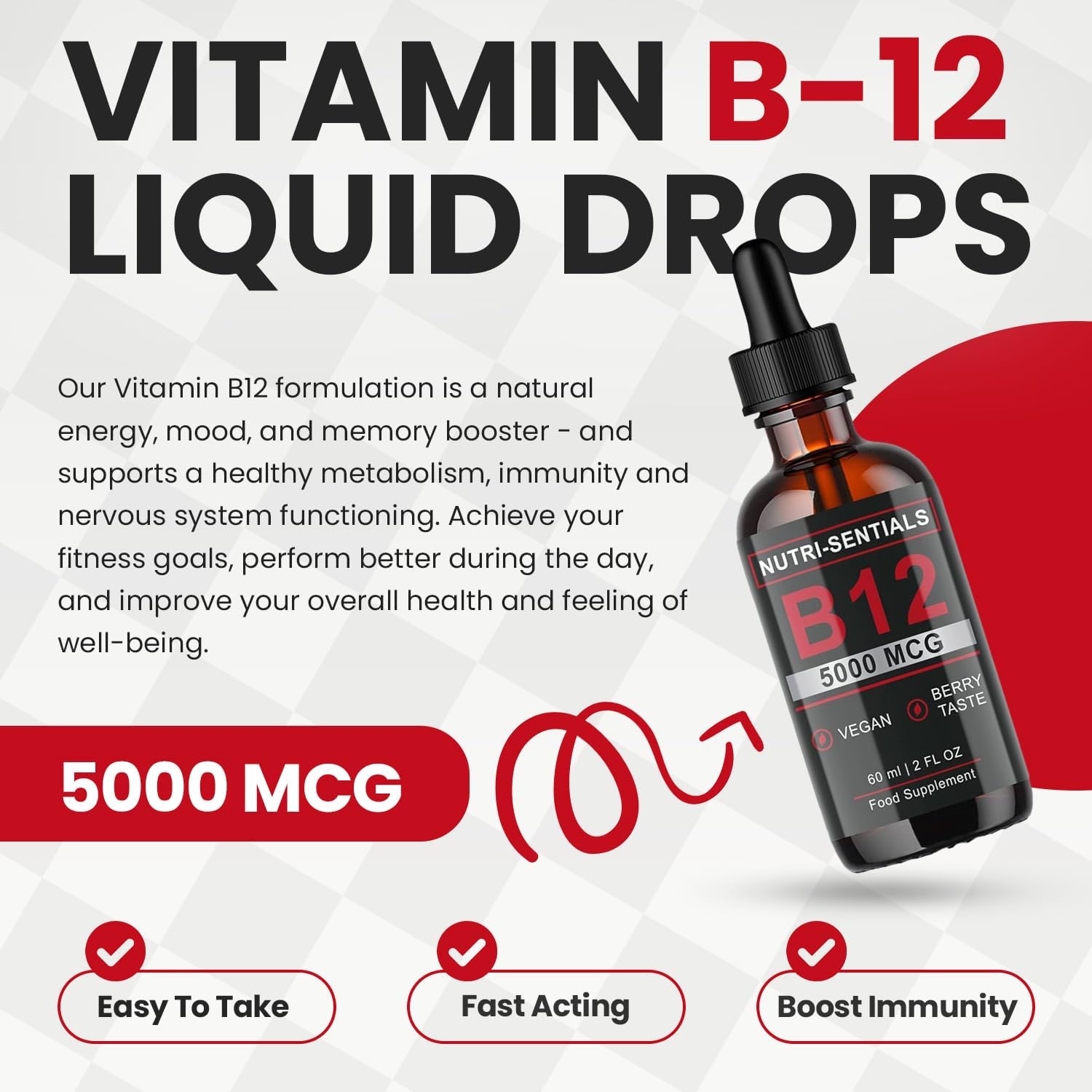 Vitamin B-12 Liquid Drops - 5000 mcg Methylcobalamin High Strength Supplement, for Increasing Metabolism, Immunity, Energy and Improving Concentration & Mood - Vegan Berries Flavour, 60ml