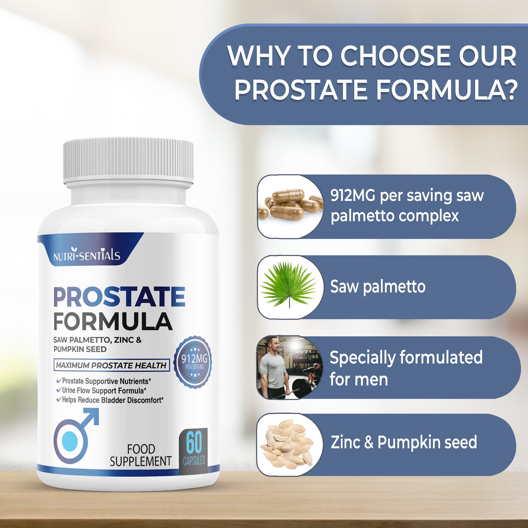 Prostate Support Supplement, 33 Herbs to Support Prostate Health, Urine Flow and Reduce Bladder Discomfort — Saw Palmetto, Zinc, Pumpkin Seed, Nettle, Pygeum, Vitamins — 60 Capsules