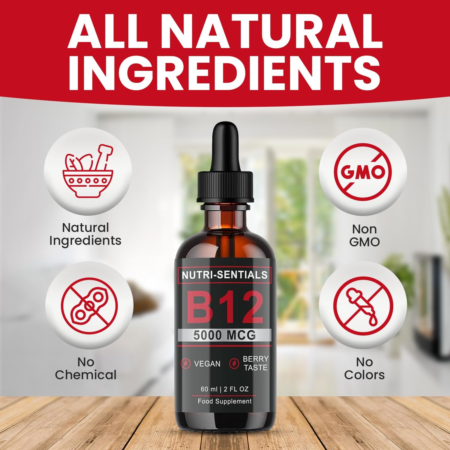 Vitamin B-12 Liquid Drops - 5000 mcg Methylcobalamin High Strength Supplement, for Increasing Metabolism, Immunity, Energy and Improving Concentration & Mood - Vegan Berries Flavour, 60ml