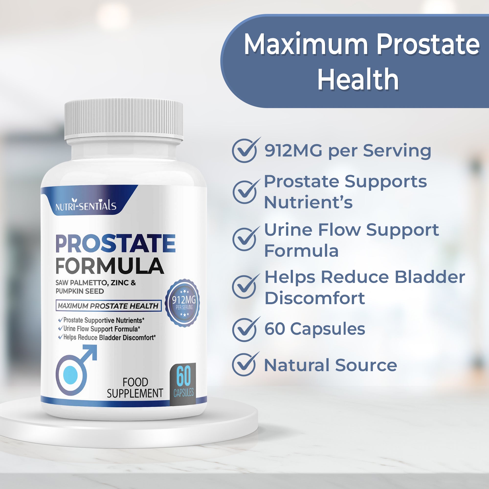 Prostate Support Supplement, 33 Herbs to Support Prostate Health, Urine Flow and Reduce Bladder Discomfort — Saw Palmetto, Zinc, Pumpkin Seed, Nettle, Pygeum, Vitamins — 60 Capsules