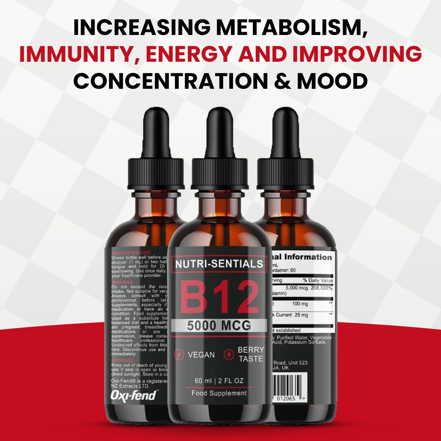 Vitamin B-12 Liquid Drops - 5000 mcg Methylcobalamin High Strength Supplement, for Increasing Metabolism, Immunity, Energy and Improving Concentration & Mood - Vegan Berries Flavour, 60ml