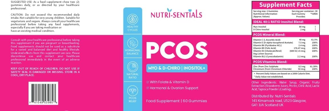 PCOS Gummies - Myo & D-Chiro Inositol  Supplement with Folate & Vitamin D- Natural Ratio Ovarian Support Women Hormone Balance Blend