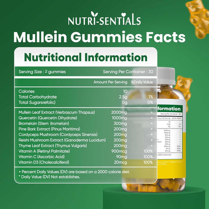Mullein Gummies 2000mg – Respiratory Lung Health Supplement with Adaptogen Mushrooms, Mullein Leaf Extract – Natural Lung Cleanse for Adults, Vegan & Non-GMO | Immune Boost 60 Gummies