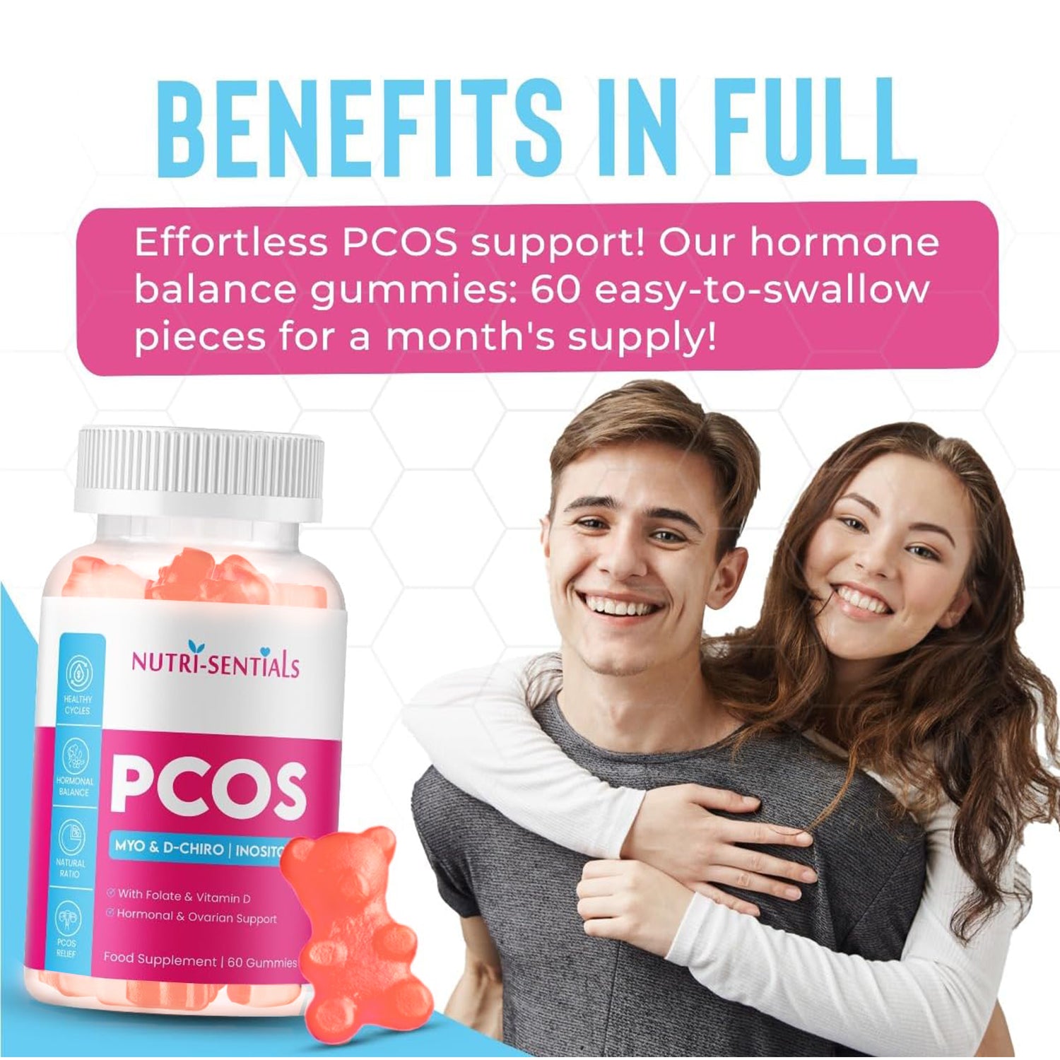 PCOS Gummies - Myo & D-Chiro Inositol  Supplement with Folate & Vitamin D- Natural Ratio Ovarian Support Women Hormone Balance Blend