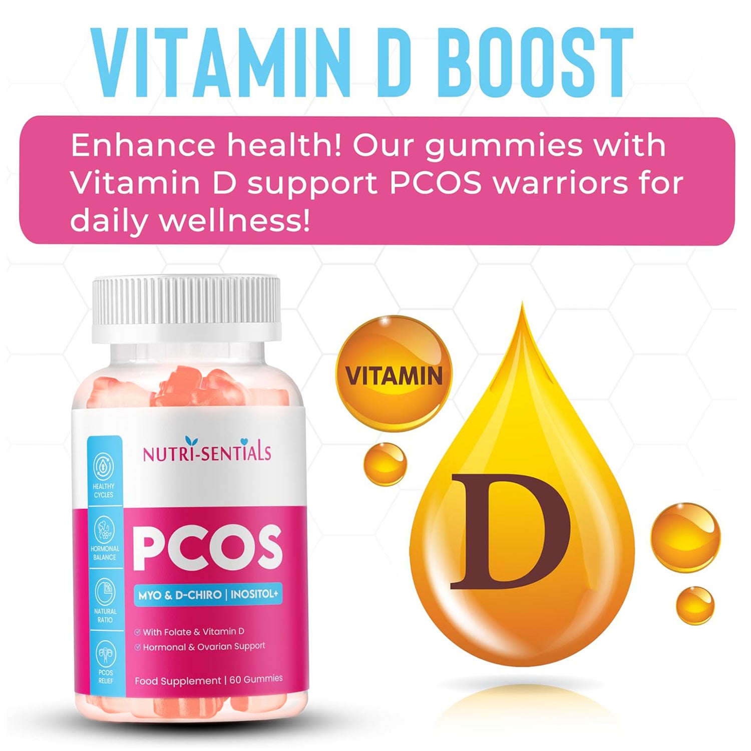 PCOS Gummies - Myo & D-Chiro Inositol  Supplement with Folate & Vitamin D- Natural Ratio Ovarian Support Women Hormone Balance Blend