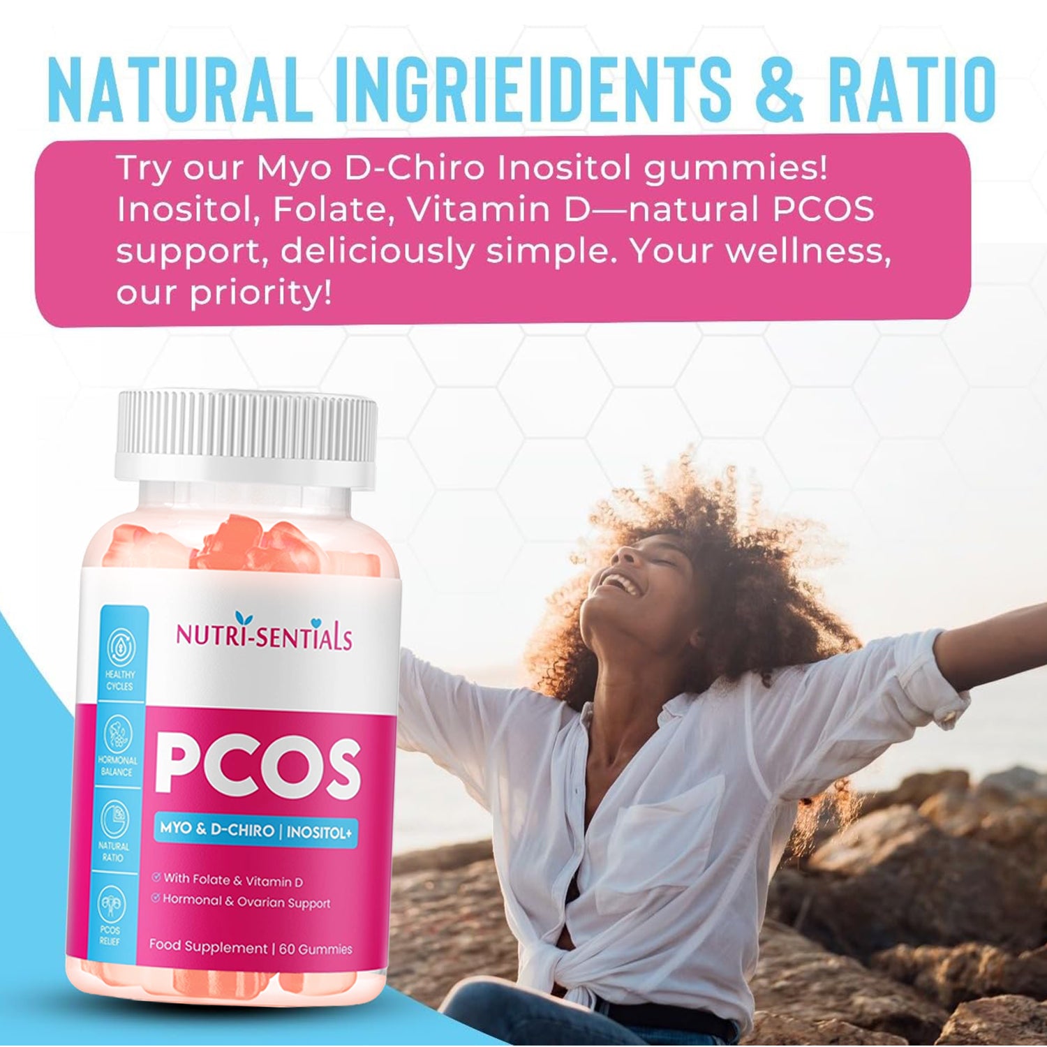 PCOS Gummies - Myo & D-Chiro Inositol  Supplement with Folate & Vitamin D- Natural Ratio Ovarian Support Women Hormone Balance Blend