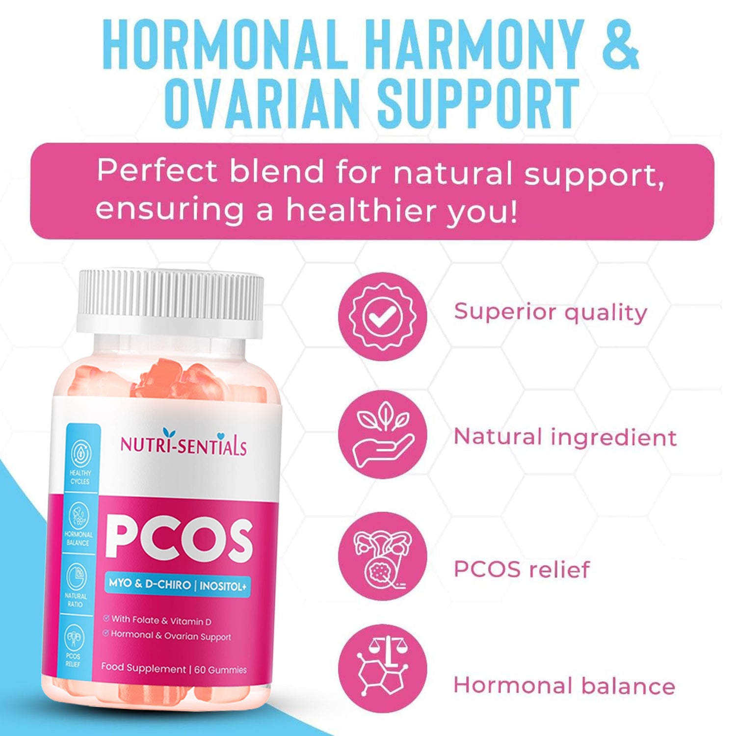 PCOS Gummies - Myo & D-Chiro Inositol  Supplement with Folate & Vitamin D- Natural Ratio Ovarian Support Women Hormone Balance Blend