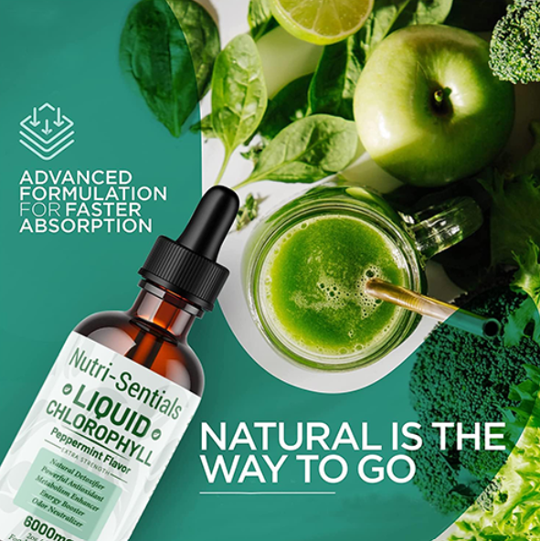 Liquid Chlorophyll Drops for Water - 6000mg High Strength Chlorophyll Drink, Natural Detoxifier, Energy Booster and Powerful Antioxidant, 60ml for 60 Servings