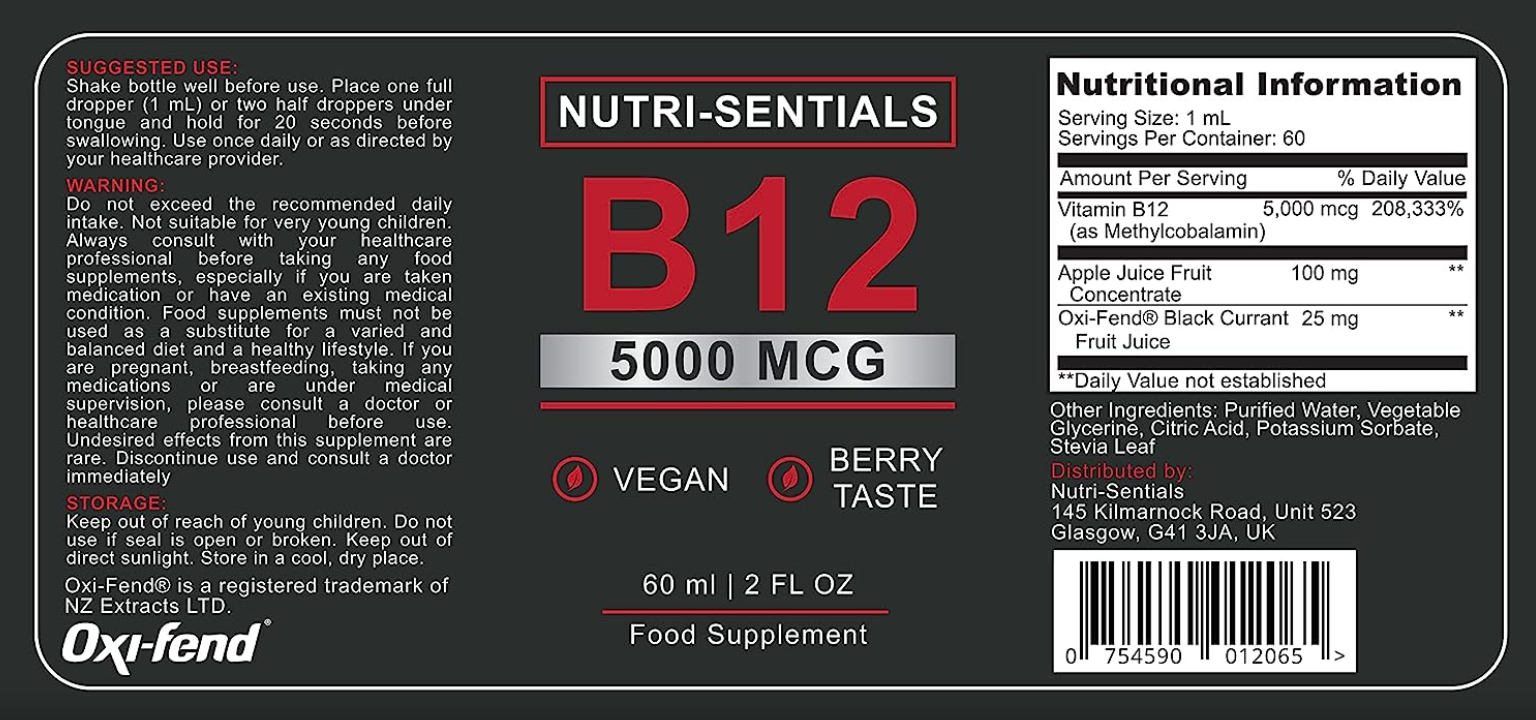 Vitamin B-12 Liquid Drops - 5000 mcg Methylcobalamin High Strength Supplement, for Increasing Metabolism, Immunity, Energy and Improving Concentration & Mood - Vegan Berries Flavour, 60ml