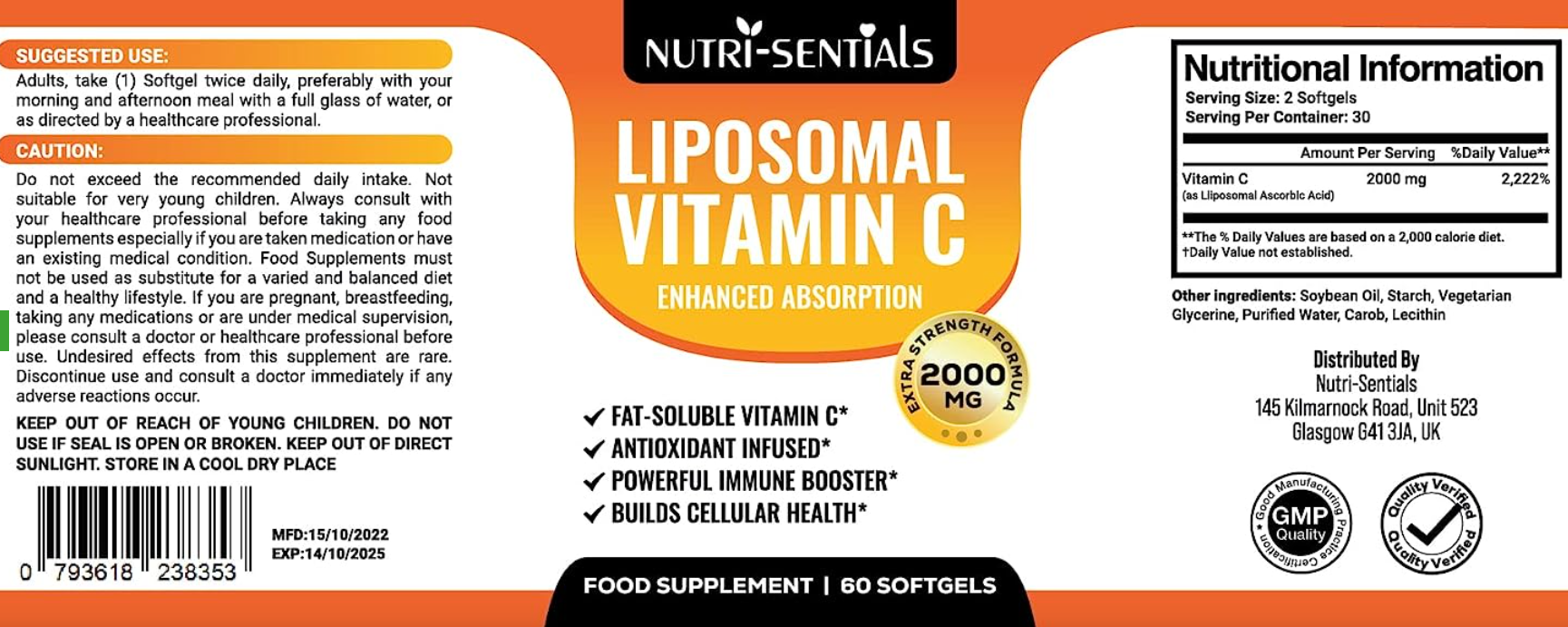 Liposomal Vitamin C Capsules - 2000mg Pure Extra High Strength Formulation | 60 Soft Gels | Pure Vegan Liposomal Vitamin C | Immune Booster |